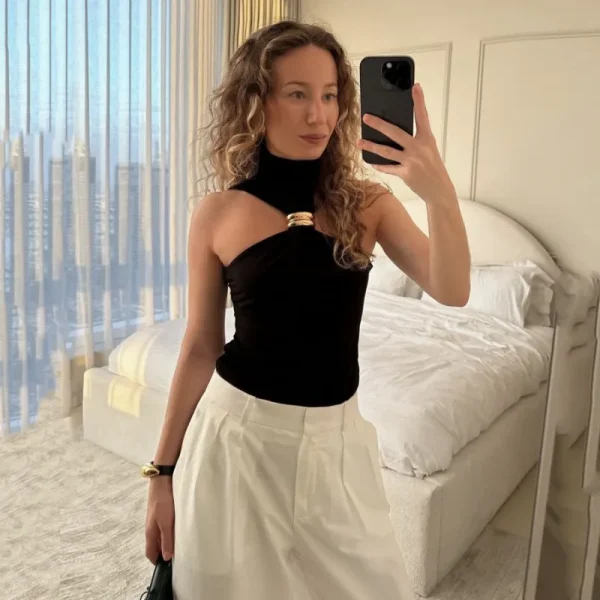 Metal Ring Solid Sleeveless Patchwork Vacation Slim Party Elegant Top - Image 7