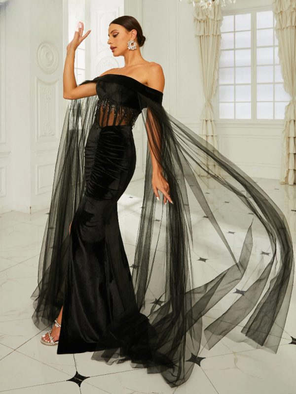 Off Shoulder Mesh Long Sleeve Tassels Bodycon Mermaid Party Dresses Prom Gown - Image 6