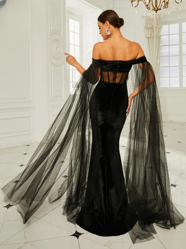 Off Shoulder Mesh Long Sleeve Tassels Bodycon Mermaid Party Dresses Prom Gown - Image 5