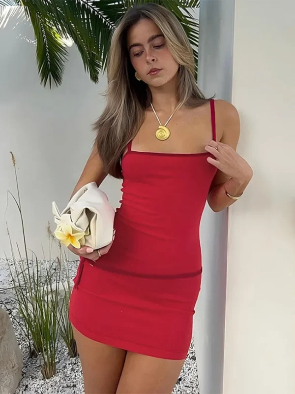 Spaghetti Strap Patchwork High Waist Vacation Party Belt Bodycon Sheath Dress - Image 2