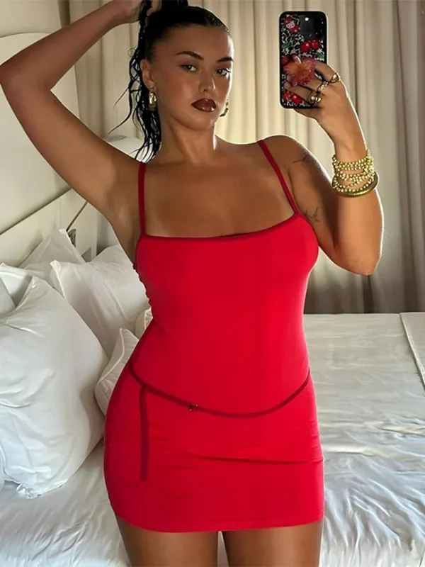 Spaghetti Strap Patchwork High Waist Vacation Party Belt Bodycon Sheath Dress - Image 6