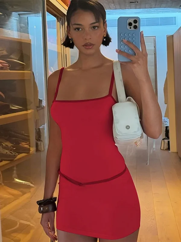Spaghetti Strap Patchwork High Waist Vacation Party Belt Bodycon Sheath Dress - Image 8