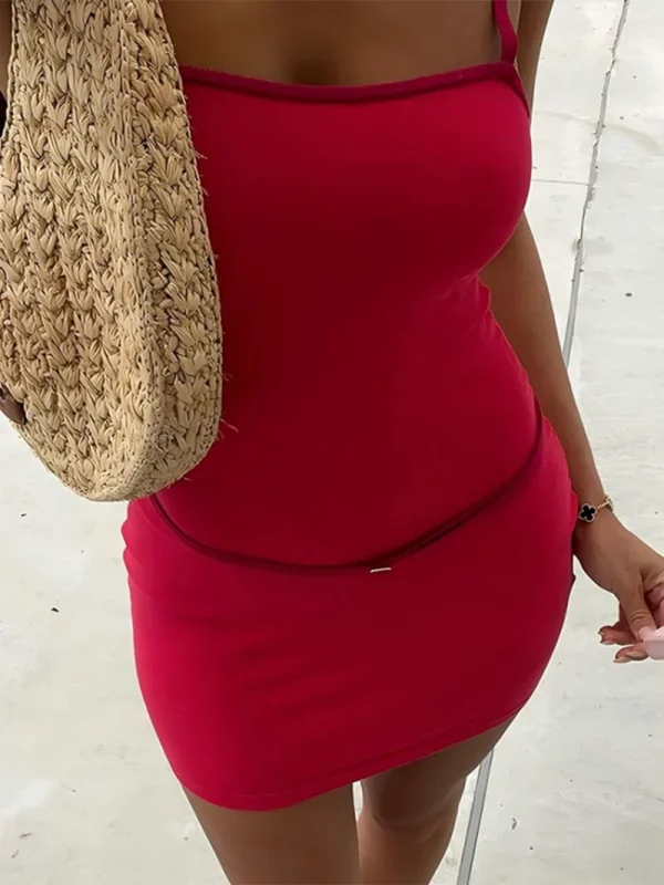 Spaghetti Strap Patchwork High Waist Vacation Party Belt Bodycon Sheath Dress - Image 10