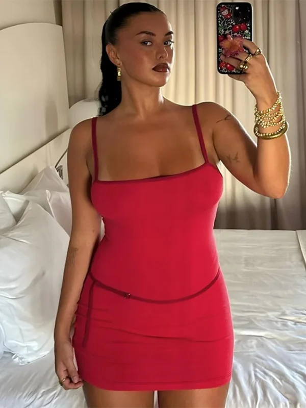 Spaghetti Strap Patchwork High Waist Vacation Party Belt Bodycon Sheath Dress - Image 11