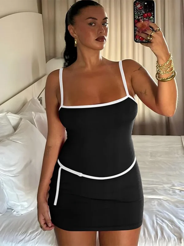 Spaghetti Strap Patchwork High Waist Vacation Party Belt Bodycon Sheath Dress - Image 25
