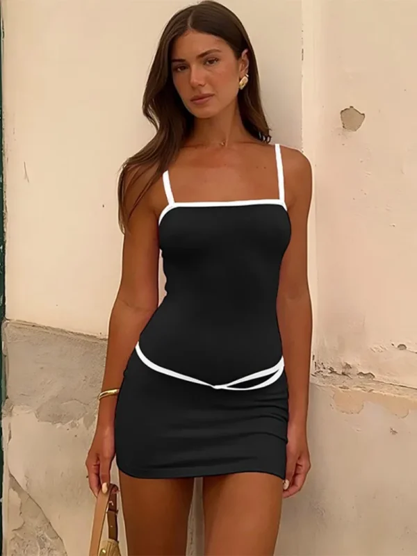 Spaghetti Strap Patchwork High Waist Vacation Party Belt Bodycon Sheath Dress - Image 26