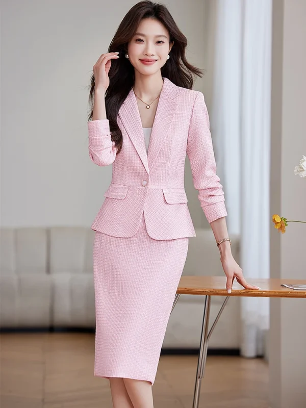 Office Style Sheath Full Sleeve Hidden Breasted Blazer Skirt 2 Piece Suit - Image 3