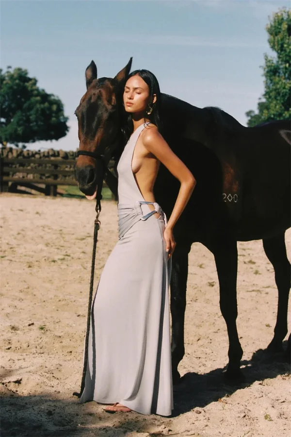 One Shoulder Backless Metal Buckle Diagonal Collar Sleeveless Draped Club Long Dress - Image 8