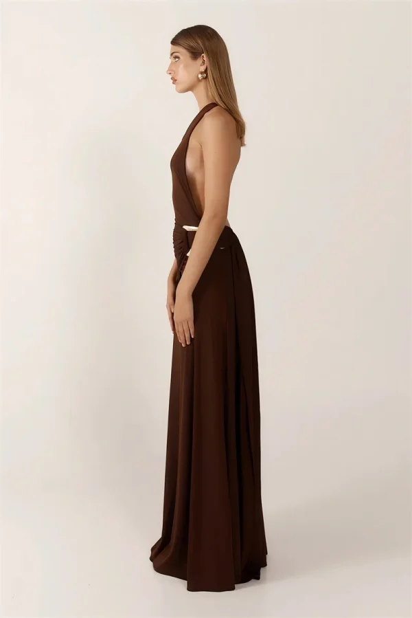 One Shoulder Backless Metal Buckle Diagonal Collar Sleeveless Draped Club Long Dress - Image 23