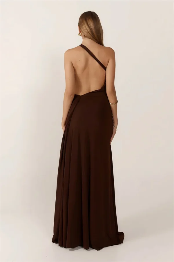 One Shoulder Backless Metal Buckle Diagonal Collar Sleeveless Draped Club Long Dress - Image 24