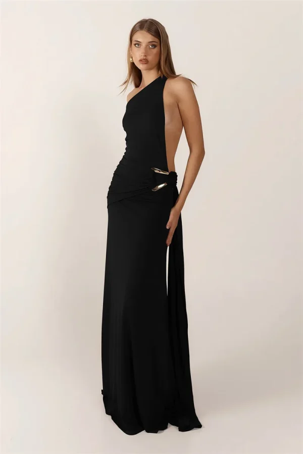 One Shoulder Backless Metal Buckle Diagonal Collar Sleeveless Draped Club Long Dress - Image 28