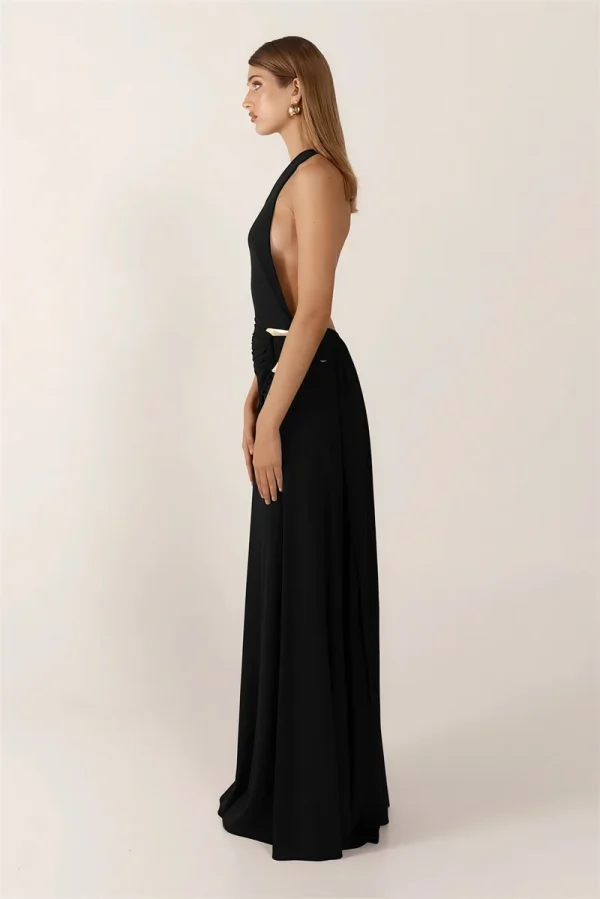 One Shoulder Backless Metal Buckle Diagonal Collar Sleeveless Draped Club Long Dress - Image 29