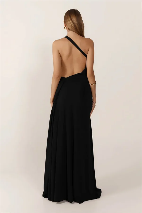 One Shoulder Backless Metal Buckle Diagonal Collar Sleeveless Draped Club Long Dress - Image 30