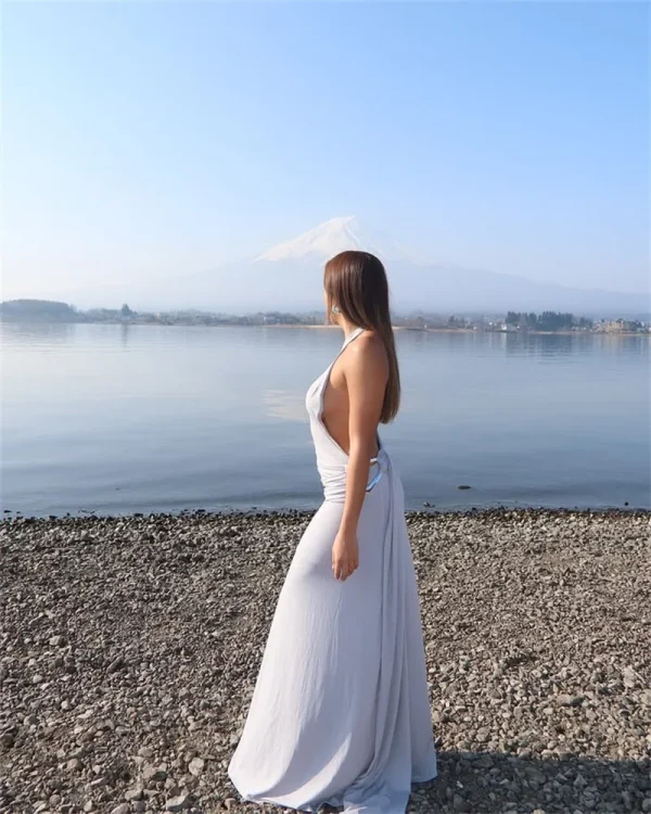 One Shoulder Backless Metal Buckle Diagonal Collar Sleeveless Draped Club Long Dress - Image 9