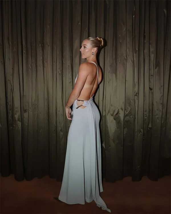 One Shoulder Backless Metal Buckle Diagonal Collar Sleeveless Draped Club Long Dress - Image 14