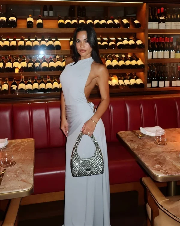 One Shoulder Backless Metal Buckle Diagonal Collar Sleeveless Draped Club Long Dress - Image 6