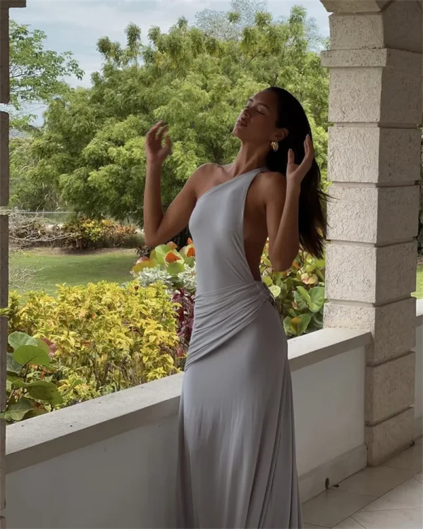 One Shoulder Backless Metal Buckle Diagonal Collar Sleeveless Draped Club Long Dress - Image 11