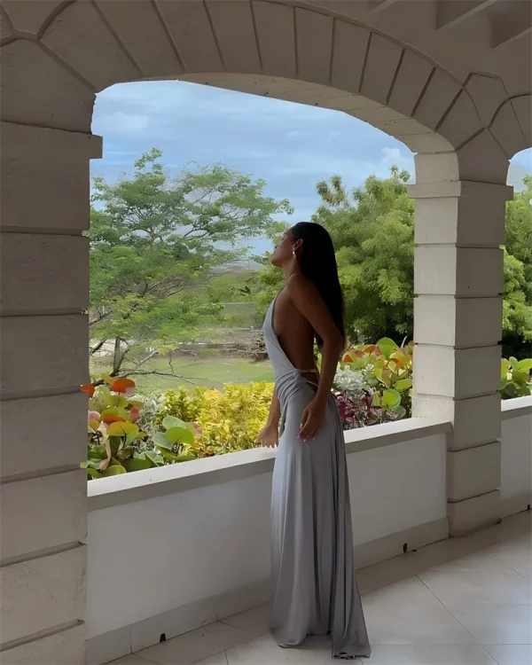 One Shoulder Backless Metal Buckle Diagonal Collar Sleeveless Draped Club Long Dress - Image 12