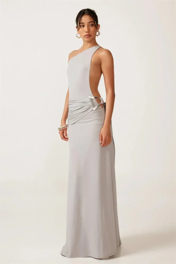 One Shoulder Backless Metal Buckle Diagonal Collar Sleeveless Draped Club Long Dress - Image 2