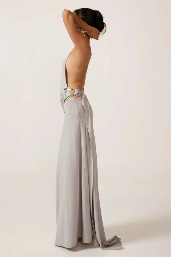 One Shoulder Backless Metal Buckle Diagonal Collar Sleeveless Draped Club Long Dress - Image 3