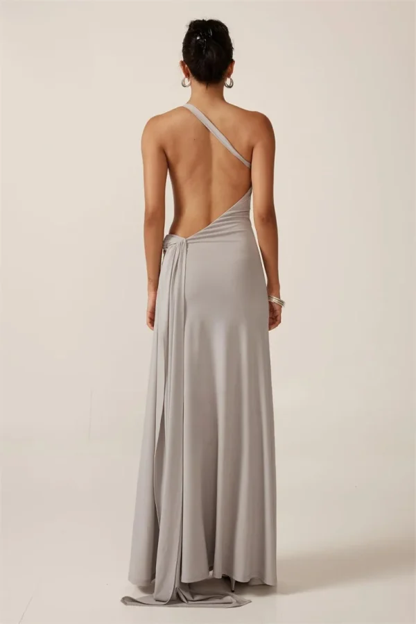 One Shoulder Backless Metal Buckle Diagonal Collar Sleeveless Draped Club Long Dress - Image 4