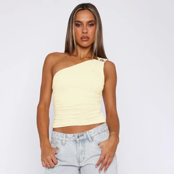 Casual One-Shoulder Bead Link Ruched Street Tank Tops - Image 6