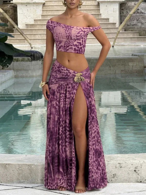 Patchwork 2 Piece Set Off Shoulder Crop Tops+Metal Flower Splits Long Skirts Elegant Style Suits