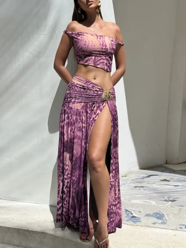 Patchwork 2 Piece Set Off Shoulder Crop Tops+Metal Flower Splits Long Skirts Elegant Style Suits - Image 3
