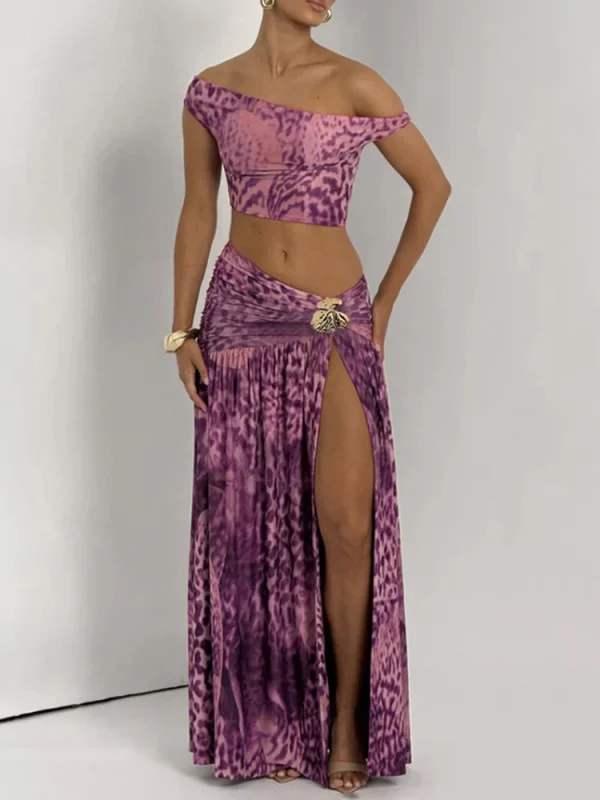 Patchwork 2 Piece Set Off Shoulder Crop Tops+Metal Flower Splits Long Skirts Elegant Style Suits - Image 4