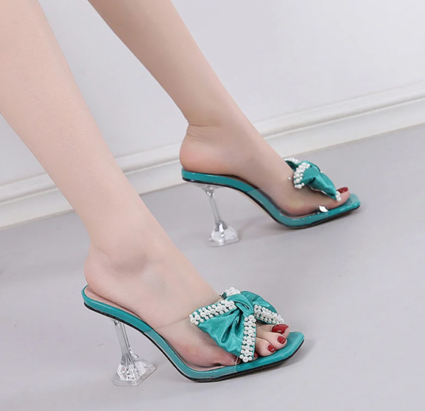 Pearl Bowknot Butterfly-knot PVC Transparent High Heels Sandals