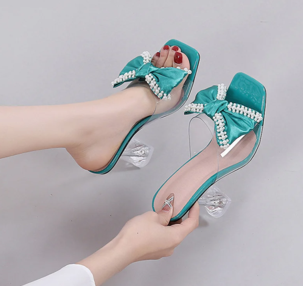 Pearl Bowknot Butterfly-knot PVC Transparent High Heels Sandals - Image 3