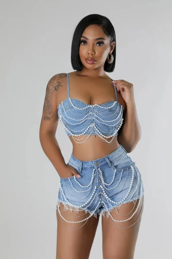 Pearl Diamond Chain Crop Camisole and Shorts Matching Party Club Denim 2 Piece Sets - Image 2
