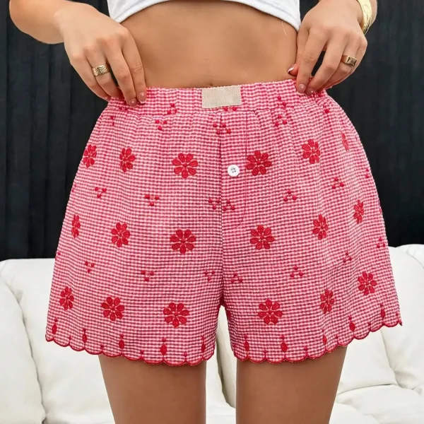Plaid Button Front Ruffled Hem Casual Retro Beach Vacation Shorts - Image 4