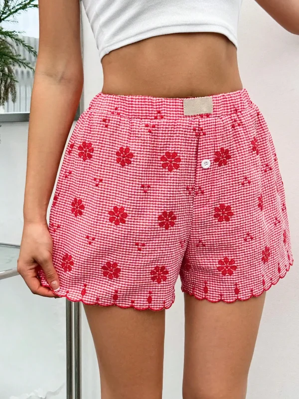 Plaid Button Front Ruffled Hem Casual Retro Beach Vacation Shorts - Image 5