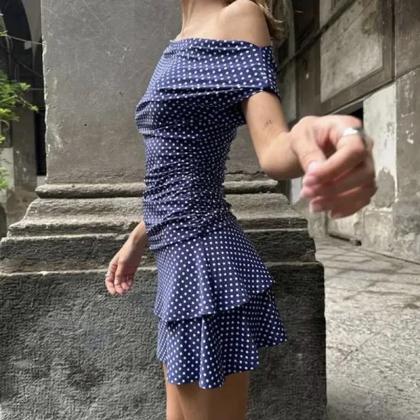 Polka Dot Slant Shoulder Irregularly Pullover High Waist Mini Dress - Image 6
