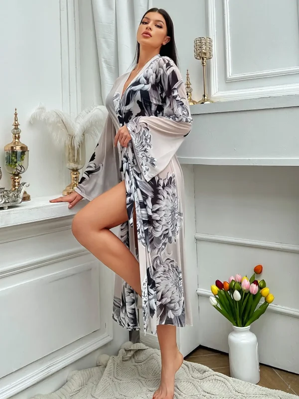 Print Belted Bridesmaid Robe Open Side Long Night Gown - Image 3