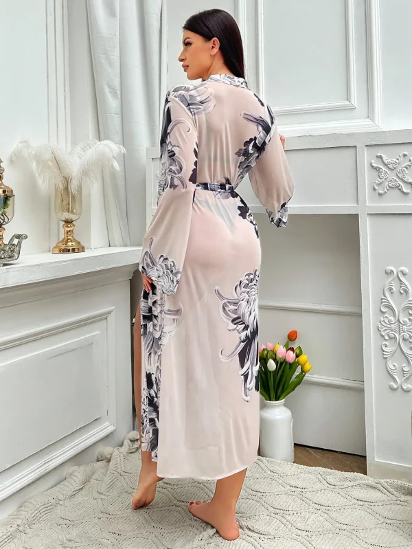 Print Belted Bridesmaid Robe Open Side Long Night Gown - Image 5