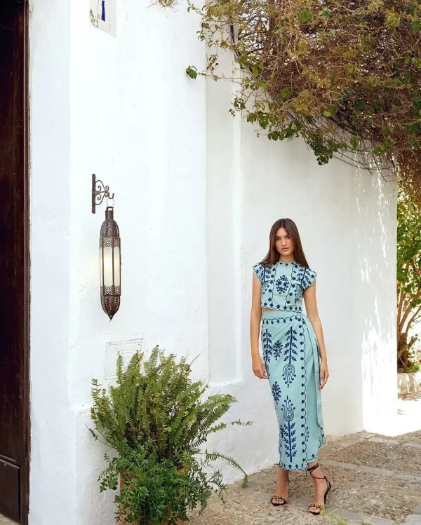 Print Cropped Top High Waist Lace up Vacation Style Skirt Two Piece Set - Image 2