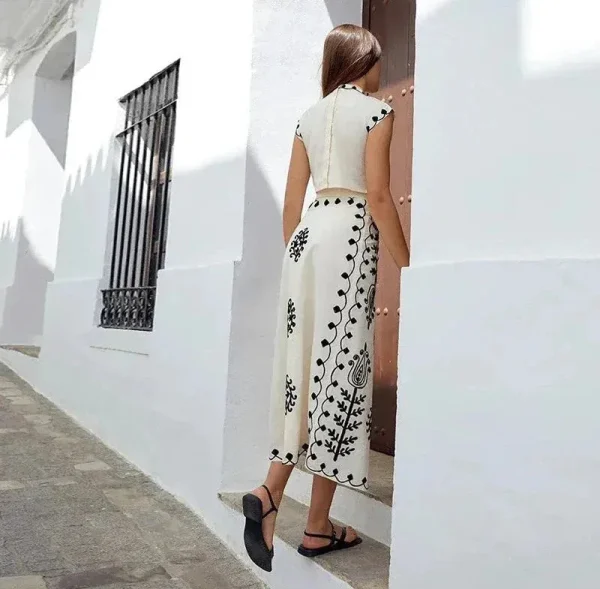 Print Cropped Top High Waist Lace up Vacation Style Skirt Two Piece Set - Image 9