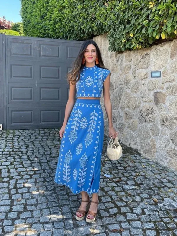 Print Cropped Top High Waist Lace up Vacation Style Skirt Two Piece Set - Image 5