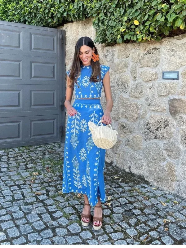 Print Cropped Top High Waist Lace up Vacation Style Skirt Two Piece Set - Image 6