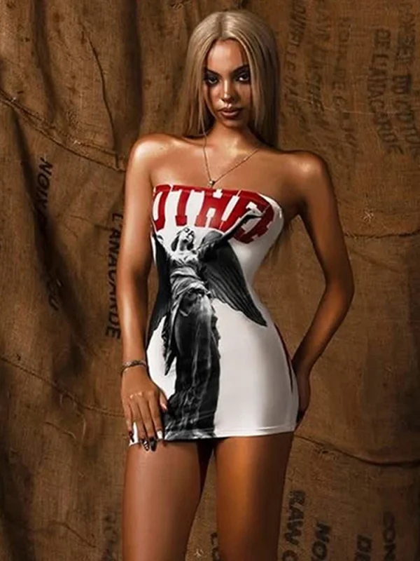 Print Off Shoulder Sleeveless Backless Skinny Peach Hip Mini Dress - Image 7