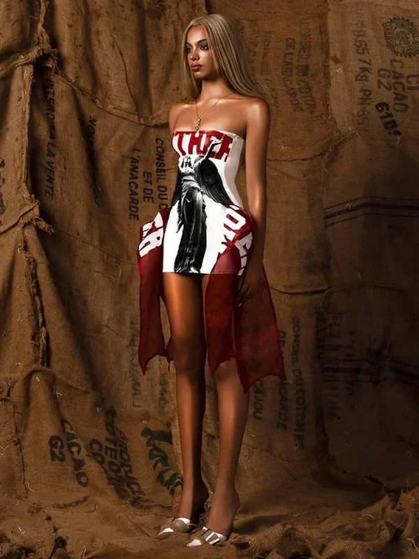 Print Off Shoulder Sleeveless Backless Skinny Peach Hip Mini Dress - Image 8