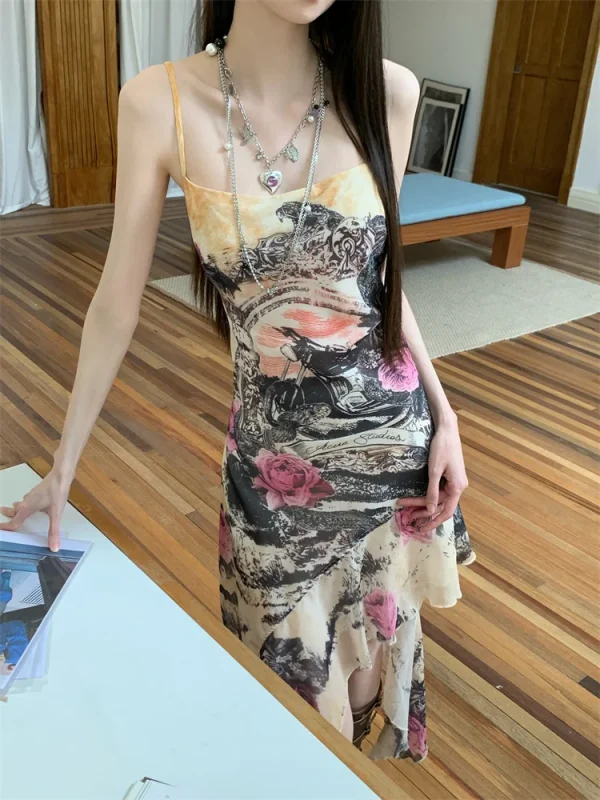 Printed Backless Sleeveless Asymmetrical High Fashion Slip Dress - Image 4