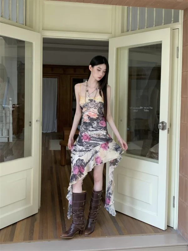 Printed Backless Sleeveless Asymmetrical High Fashion Slip Dress - Image 9