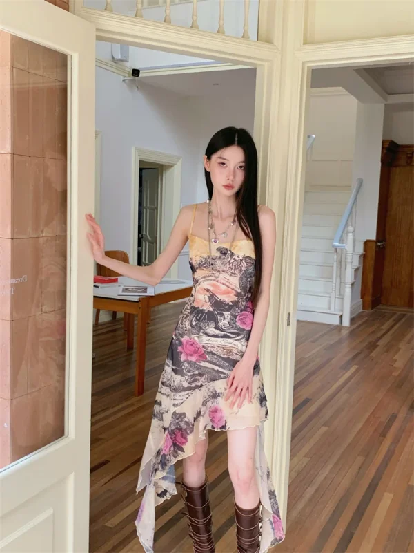 Printed Backless Sleeveless Asymmetrical High Fashion Slip Dress - Image 2