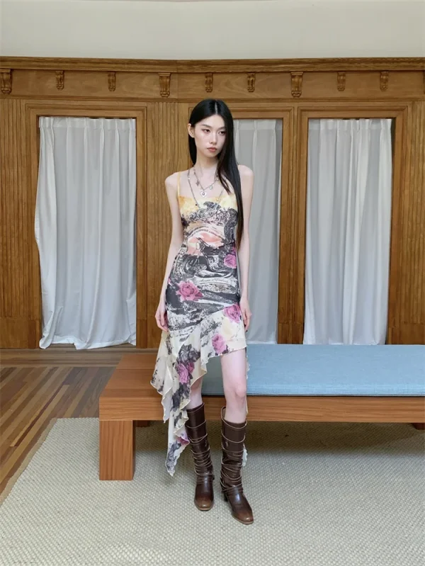 Printed Backless Sleeveless Asymmetrical High Fashion Slip Dress - Image 3