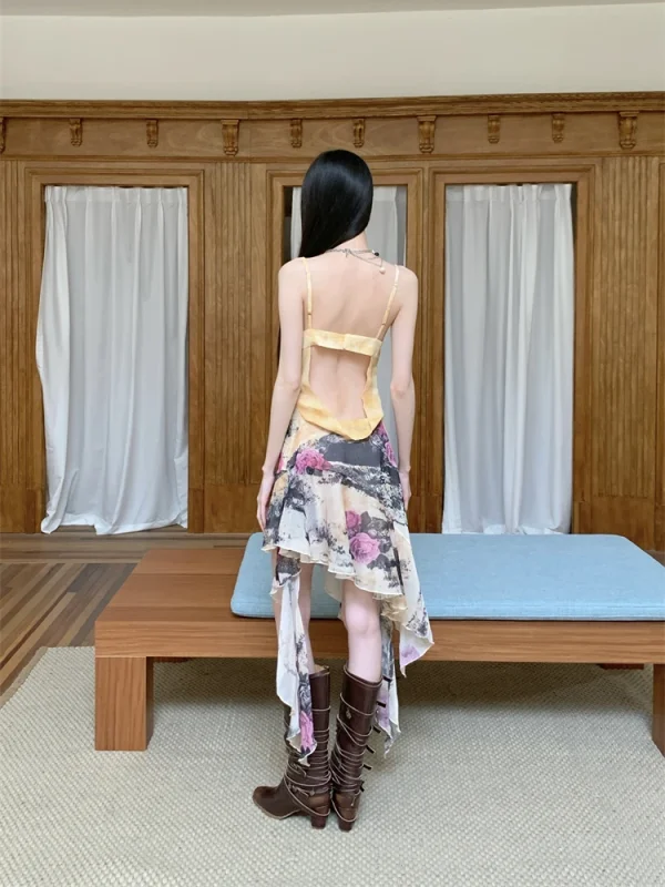 Printed Backless Sleeveless Asymmetrical High Fashion Slip Dress - Image 10