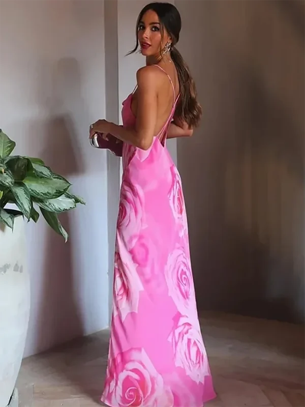 Printed Camisole Ruffled Floral Open Back Mid V-neck Zipper Beach Holiday Long Chic Dress - Image 7