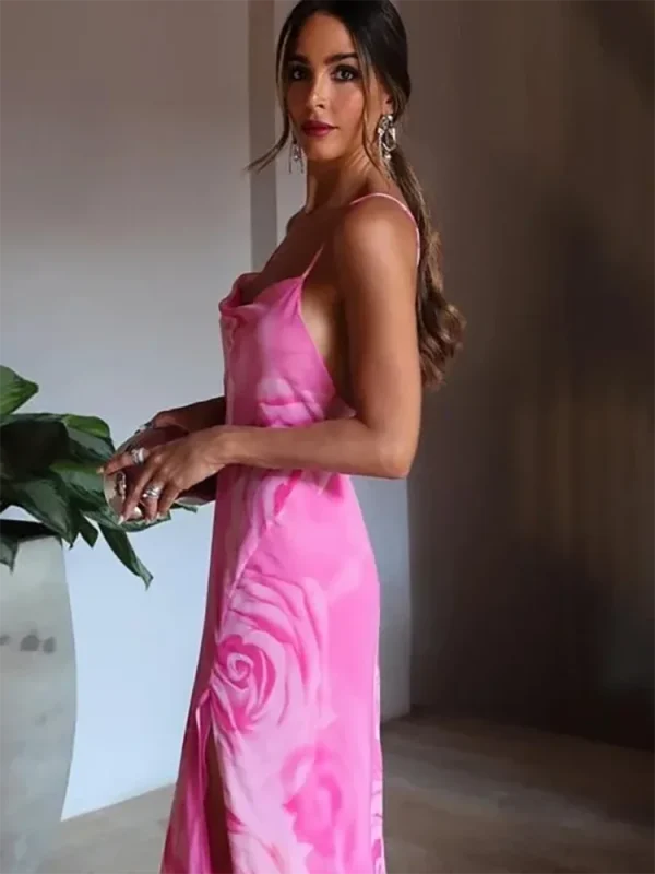 Printed Camisole Ruffled Floral Open Back Mid V-neck Zipper Beach Holiday Long Chic Dress - Image 4